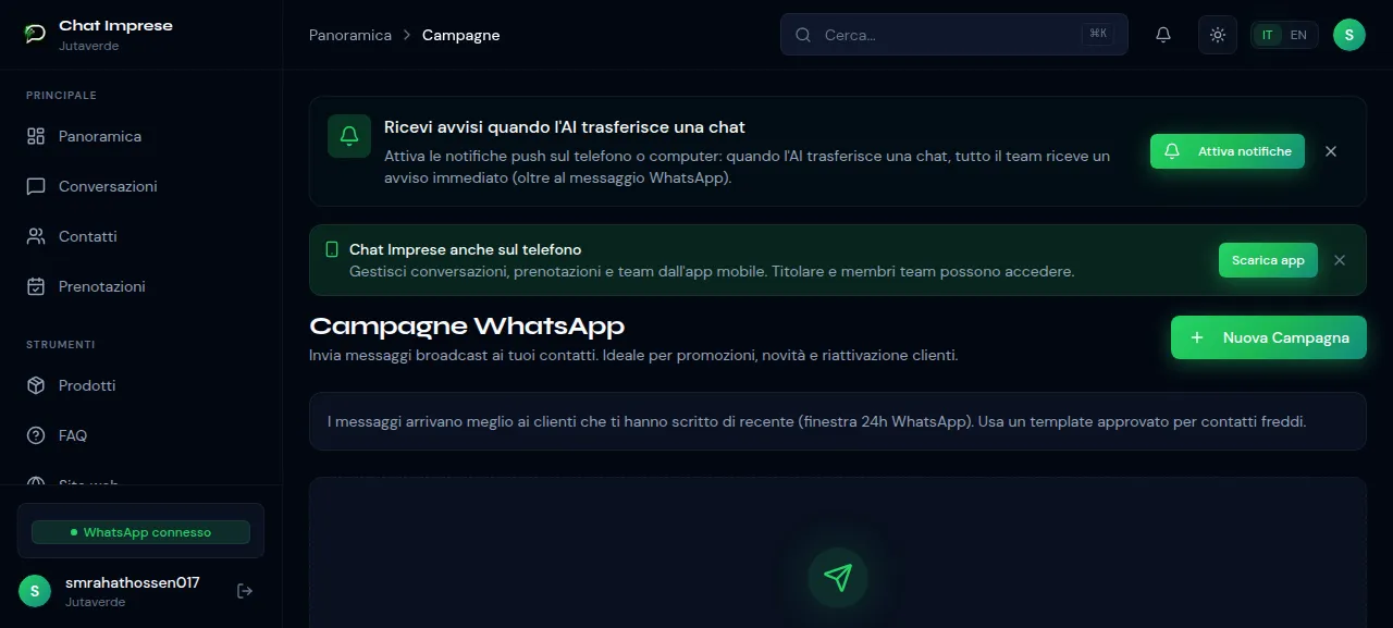 Dashboard Campagne WhatsApp di ChatImprese — crea e invia broadcast ai tuoi contatti
